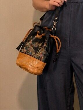Egyptian Bucket Wristlet Clutch in Tan & Black